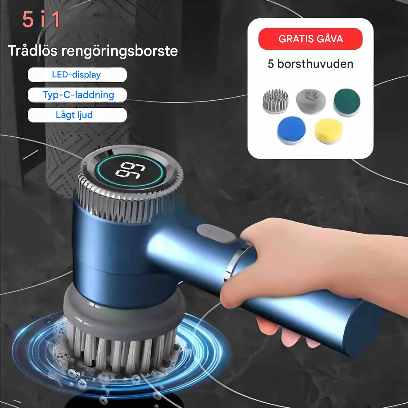Infografik för GLANS Turbo 360 trådlös rengöringsborste som visar LED-display, Typ-C-laddning, låg ljudnivå och 5 extra borsthuvuden som gratis gåva.
