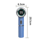 Blå handdammsugare med digital display, mått 20,5 cm x 6,3 cm, specifikationer visas