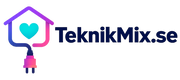 Logotyp med husformad sladd, hjärta och texten TeknikMix.se, symbol för smarta hemprodukter.