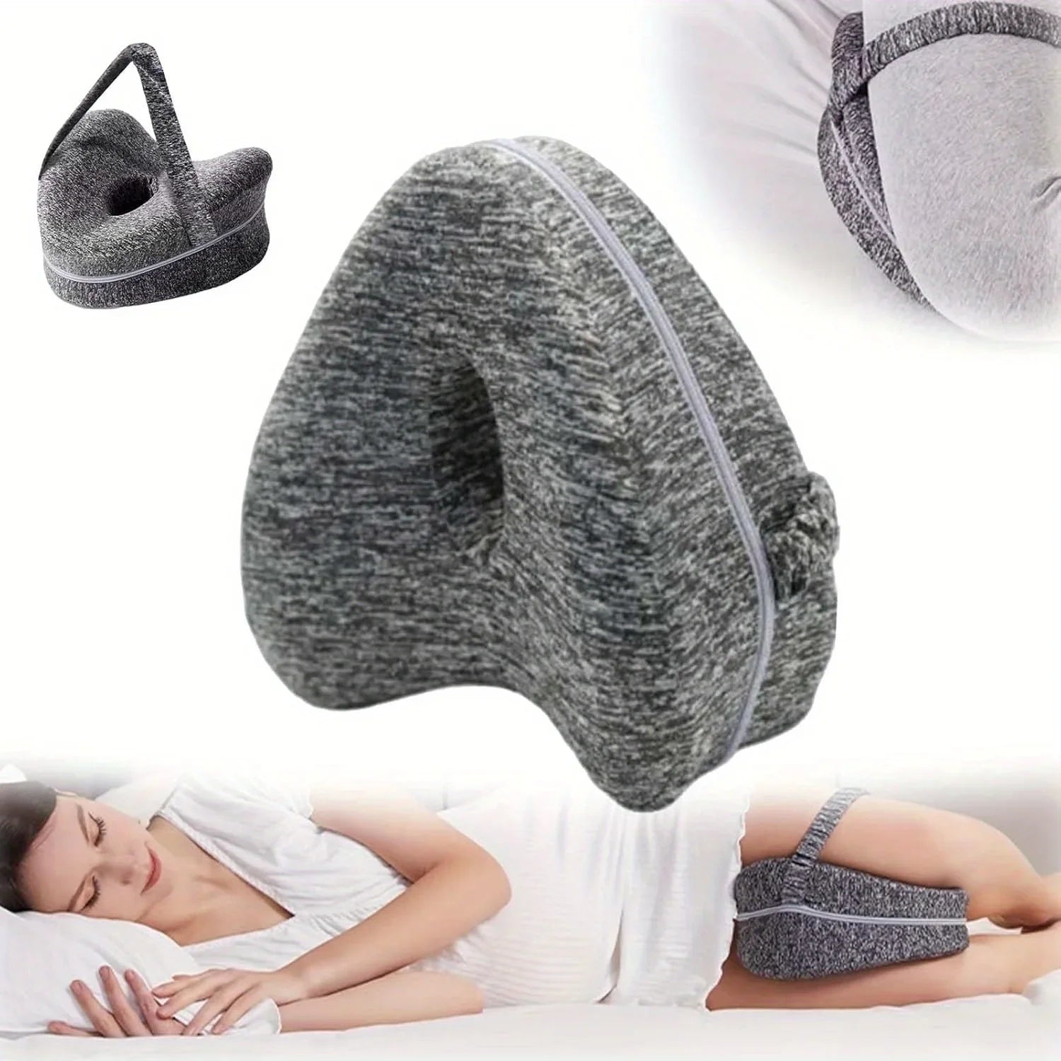 Grå ergonomisk knäkudde i memory foam, visas mellan knän på sovande kvinna