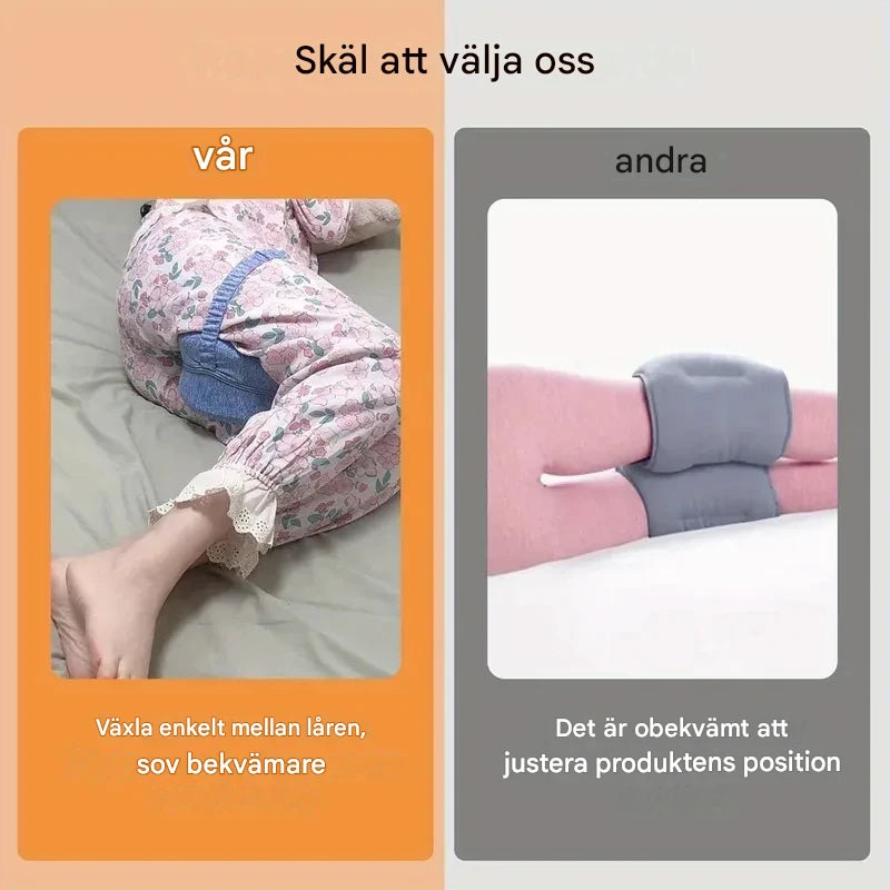 Jämförelse mellan VILA Harmoni knäkudde med fixeringsband och vanliga stöd-kuddar, som visar bättre komfort och enklare justering under sömn.