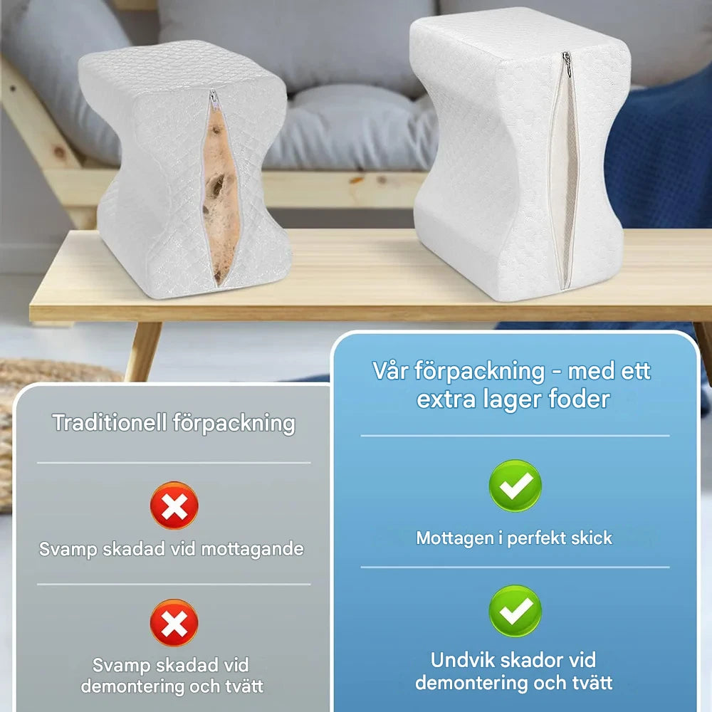 Jämförelse som visar VILA Linje knäkudde med ett extra lager foder för att undvika skador vid tvätt, till skillnad från traditionella kuddar.
