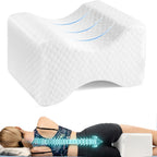 Vit ortopedisk knäkudde för sidosovare, visad med rak ryggrad och ergonomisk design.
